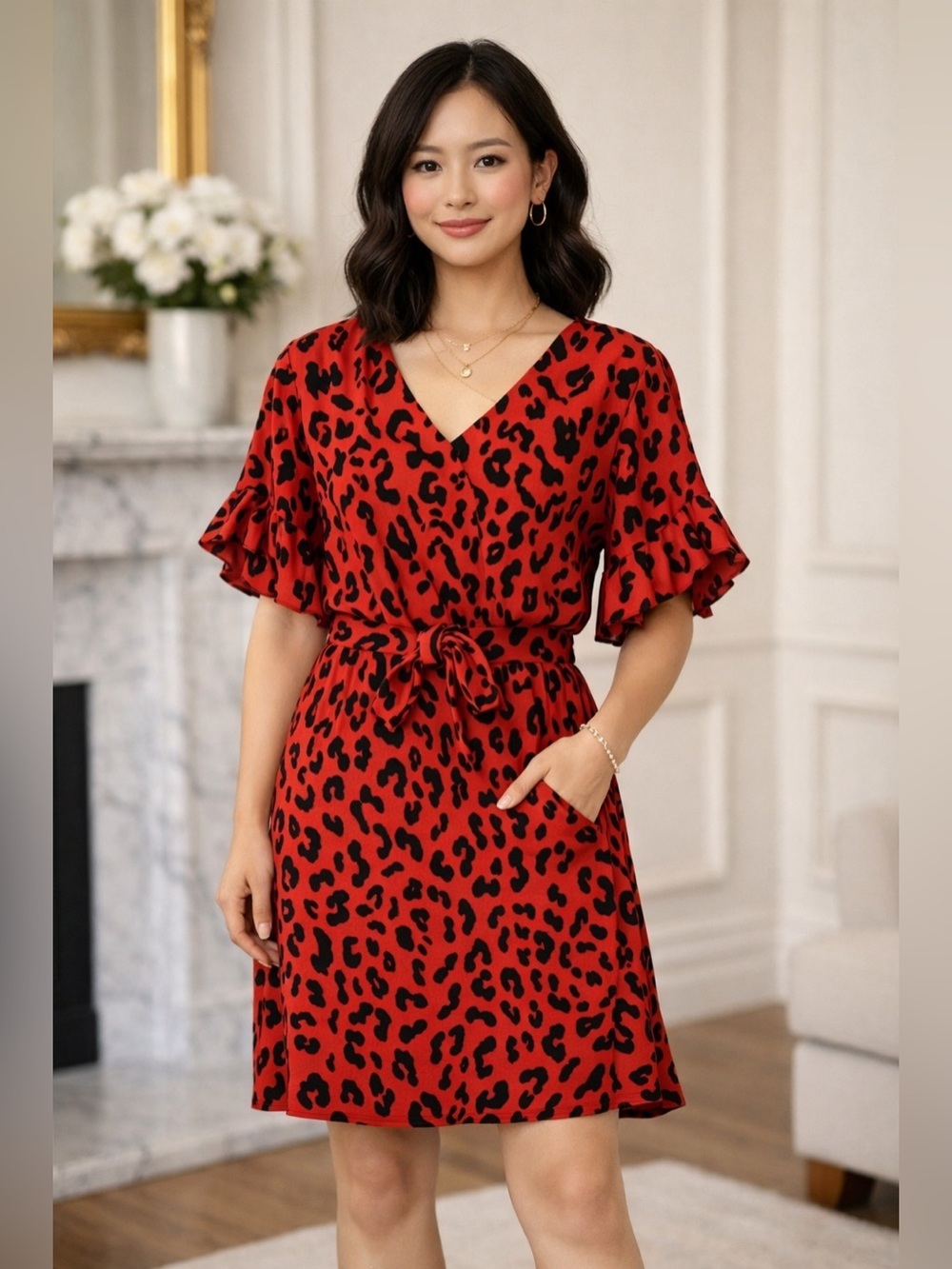 Who What Wear Red Leopard bold Print Dress Size Small Flutter Sleeve bright red